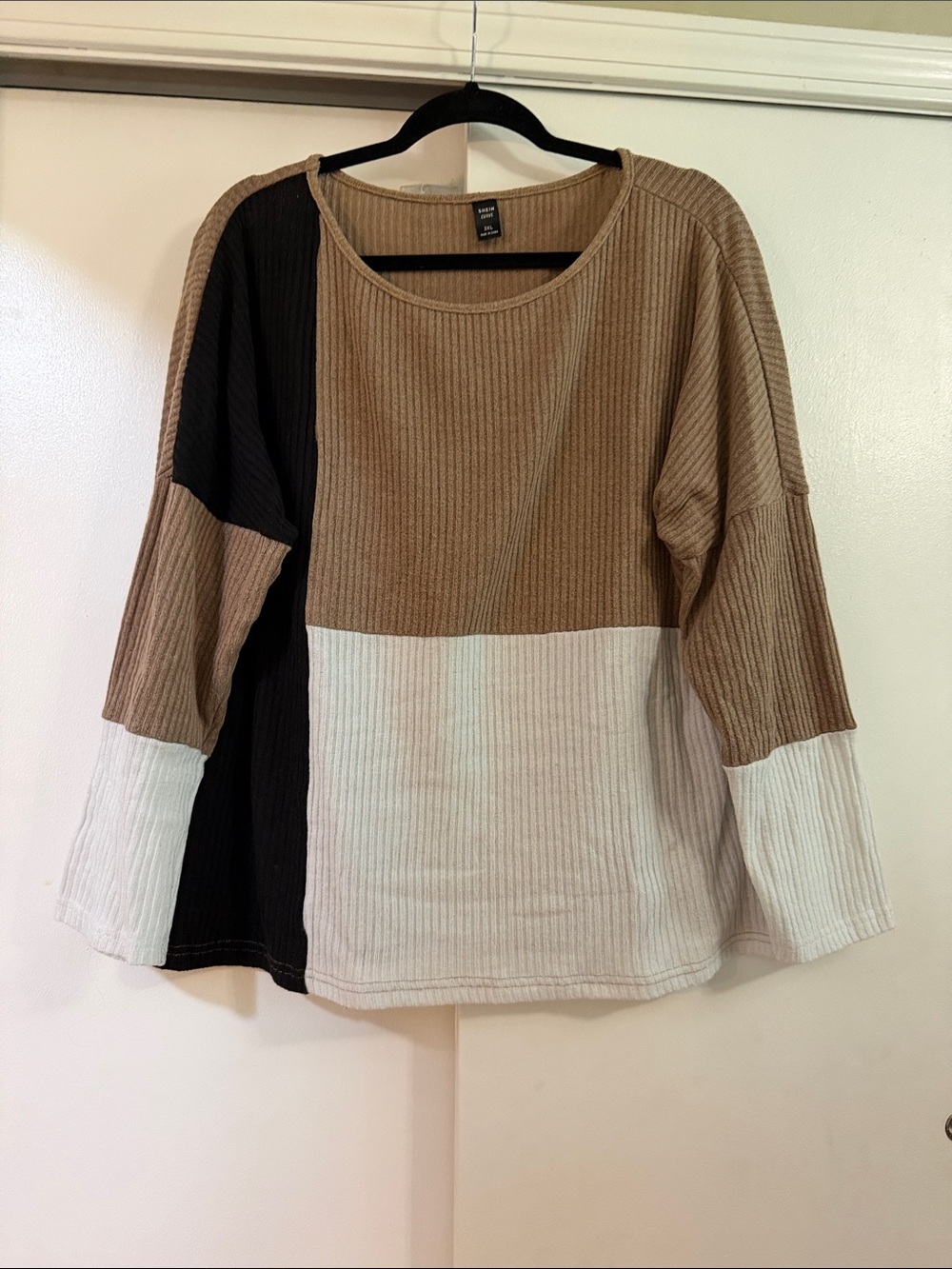 SHEIN Colorblock Ribbed Long Sleeve Top - Tan, Black & White